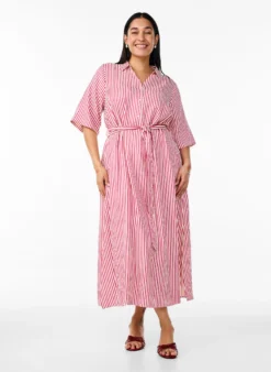Knöchellanges Hemdblusenkleid mit Bindegürtel und Streifen