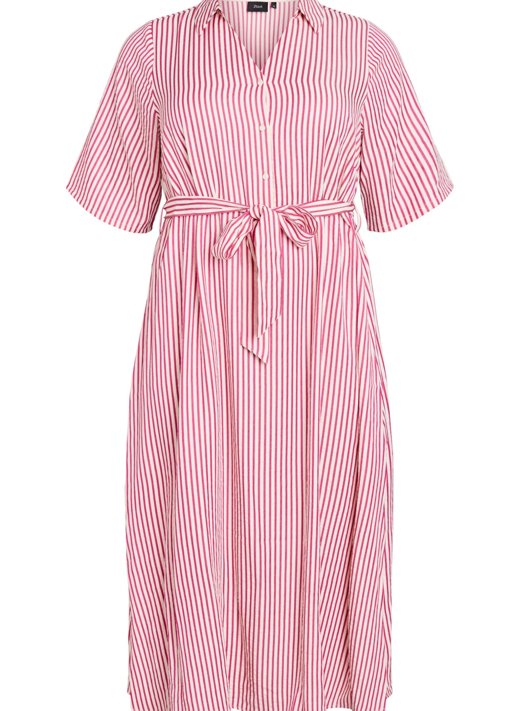 Knöchellanges Hemdblusenkleid mit Bindegürtel und Streifen