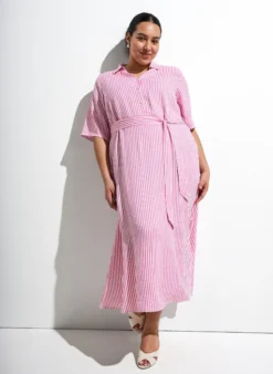 Knöchellanges Hemdblusenkleid mit Bindegürtel und Streifen