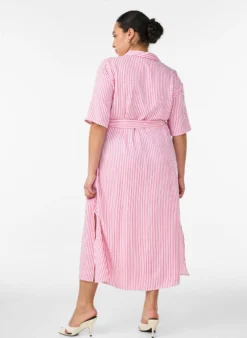 Knöchellanges Hemdblusenkleid mit Bindegürtel und Streifen