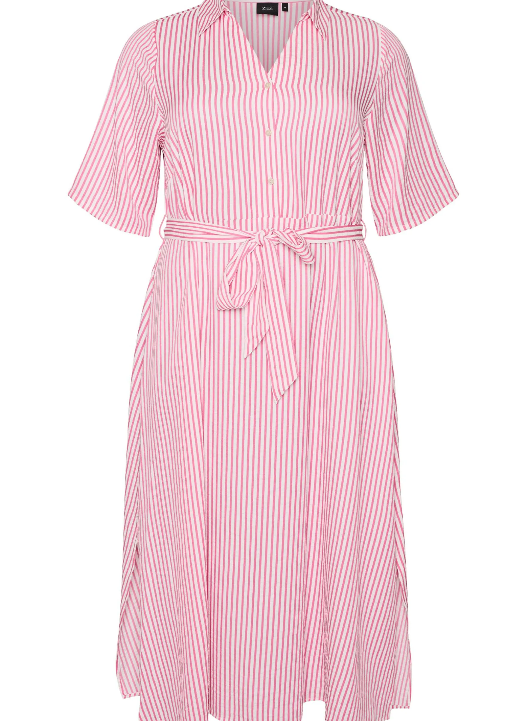 Knöchellanges Hemdblusenkleid mit Bindegürtel und Streifen