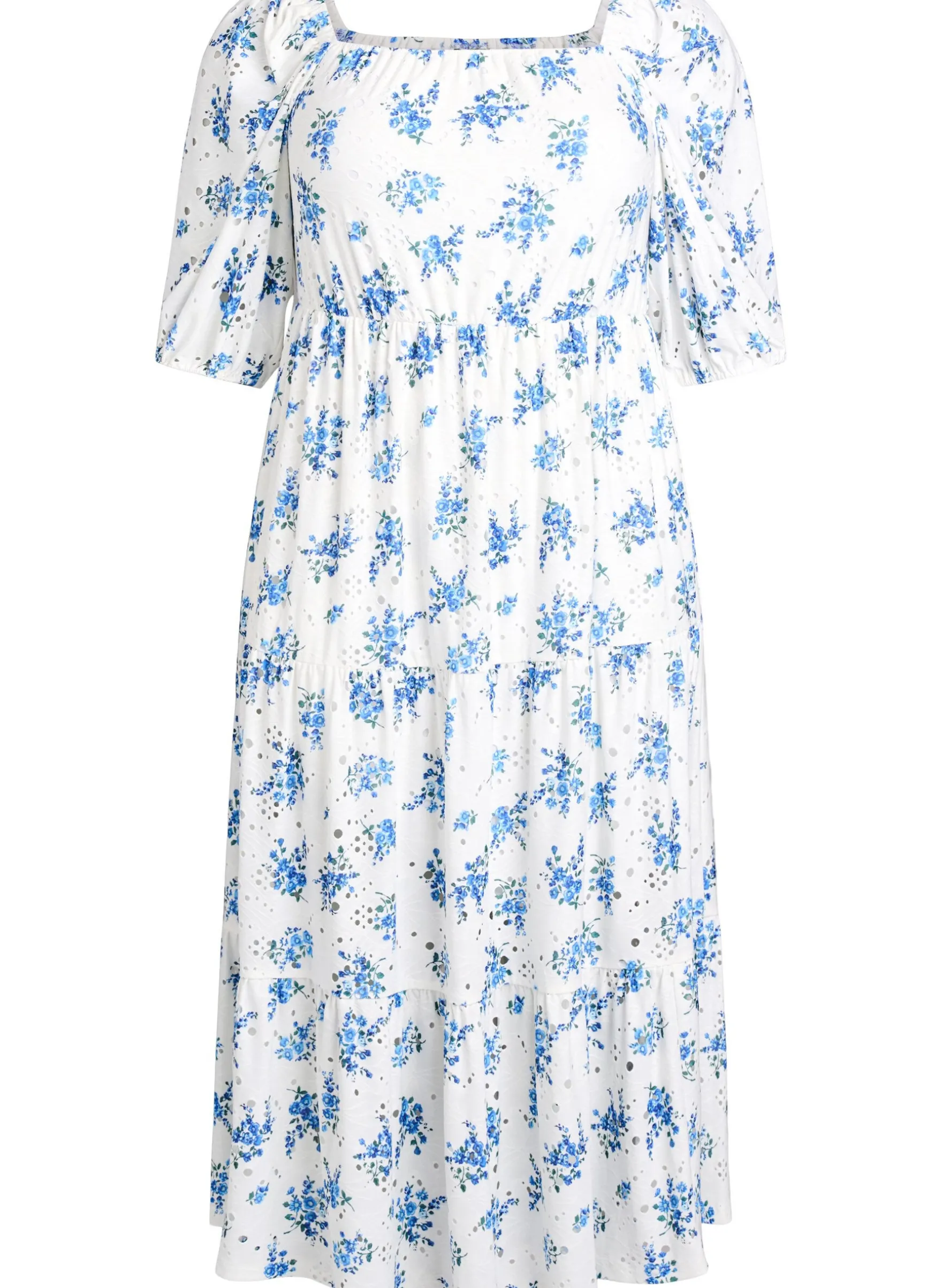 Knöchellanges Kleid mit Blumenprint und Lochstickerei