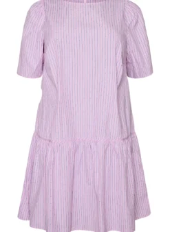 Knielanges gestreiftes Kleid mit Steinen und Puffärmeln