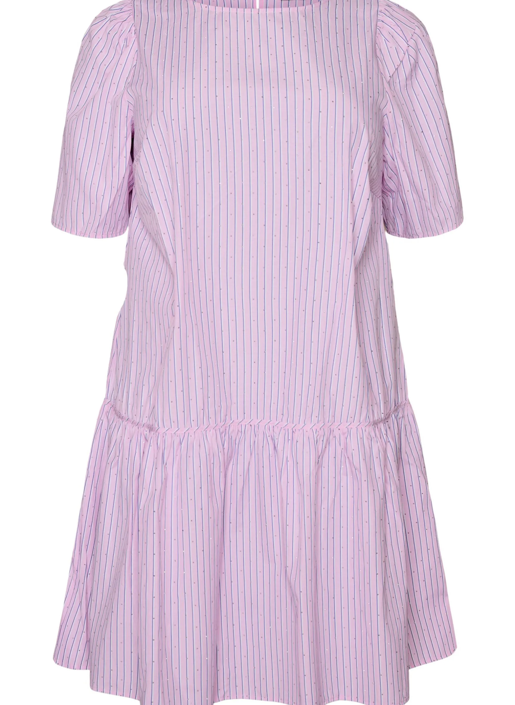 Knielanges gestreiftes Kleid mit Steinen und Puffärmeln