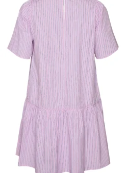 Knielanges gestreiftes Kleid mit Steinen und Puffärmeln