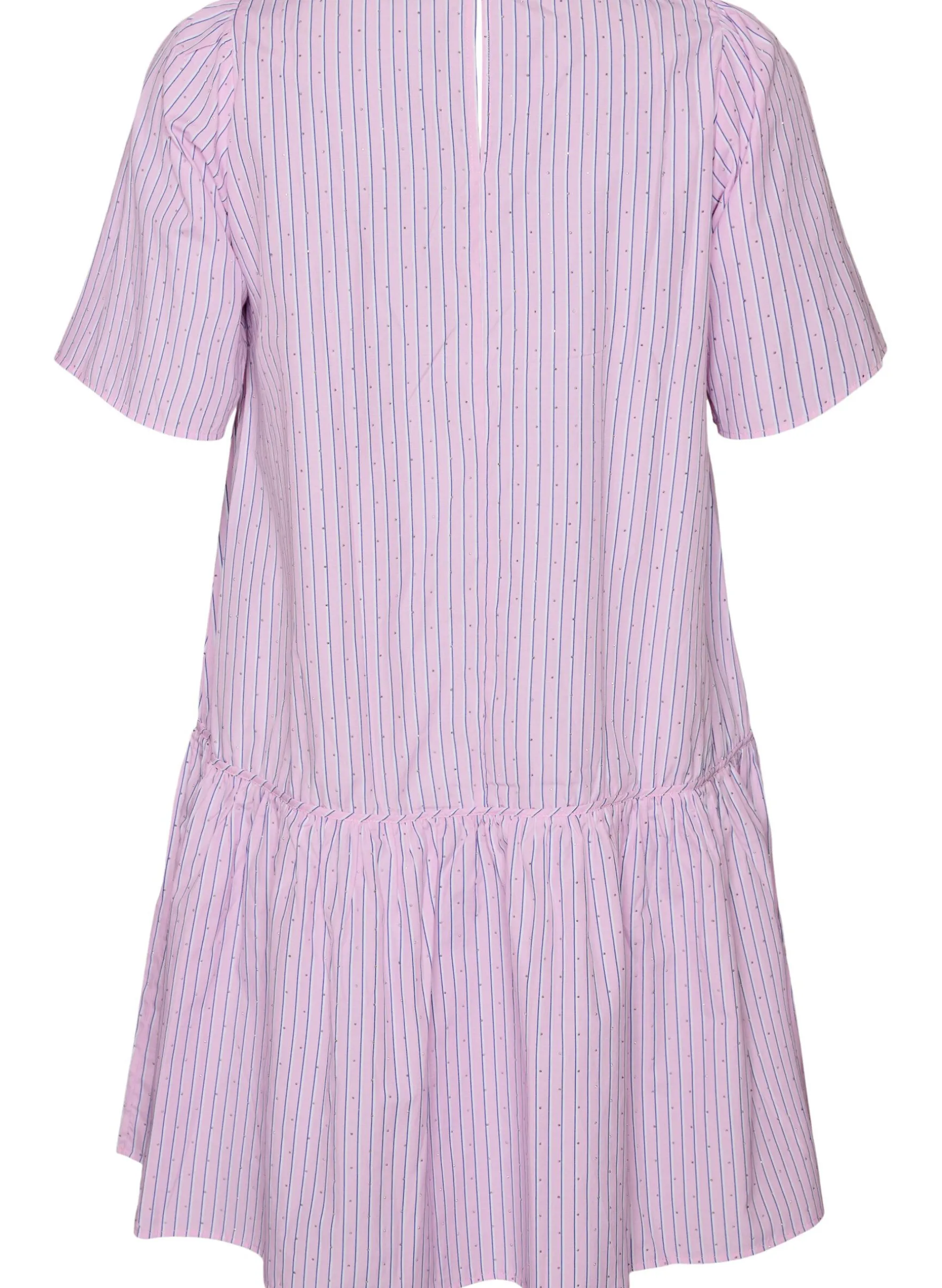 Knielanges gestreiftes Kleid mit Steinen und Puffärmeln