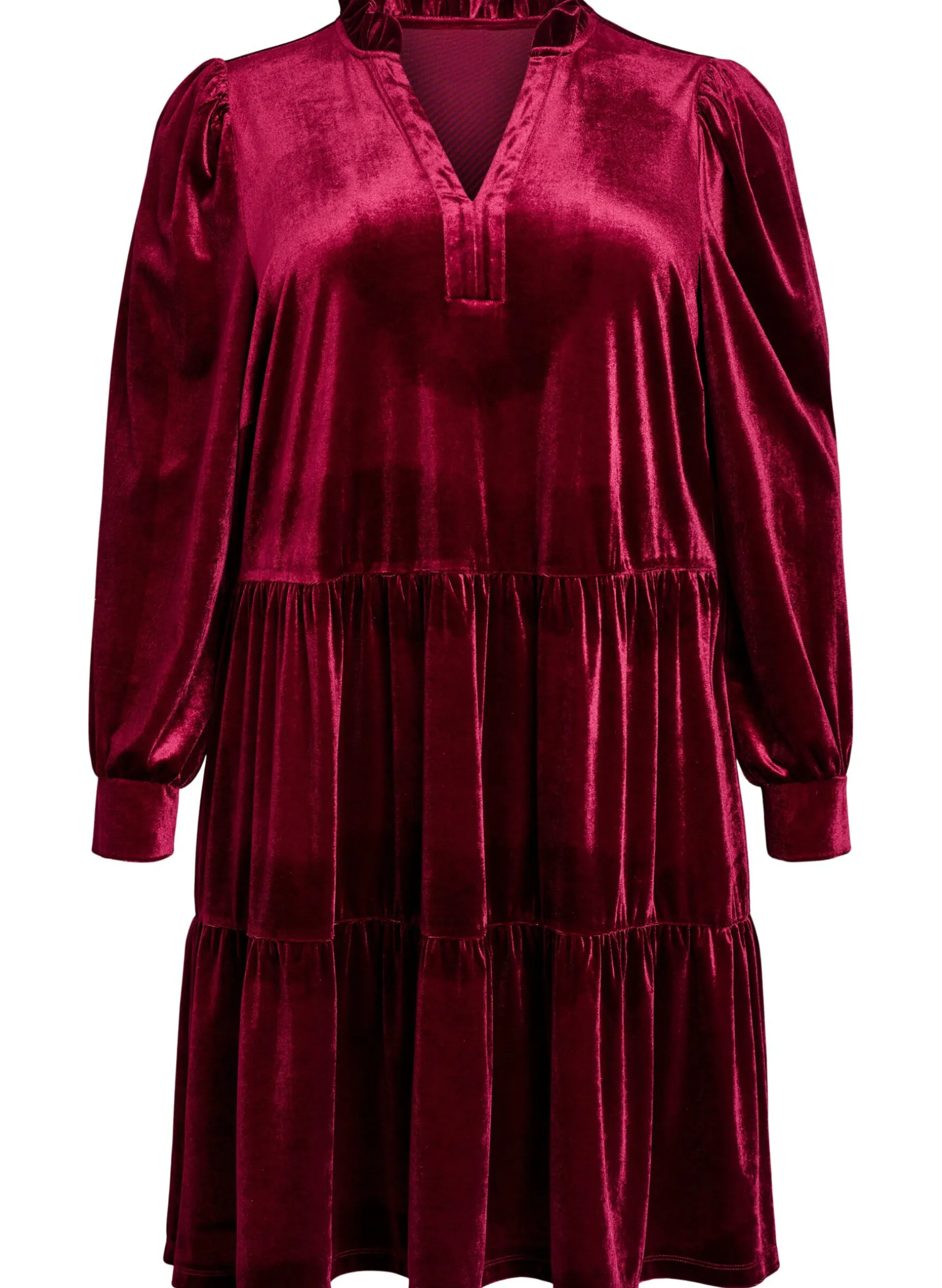 Kurzes Kleid aus Velours mit Rüschenkragen und langen Ärmeln