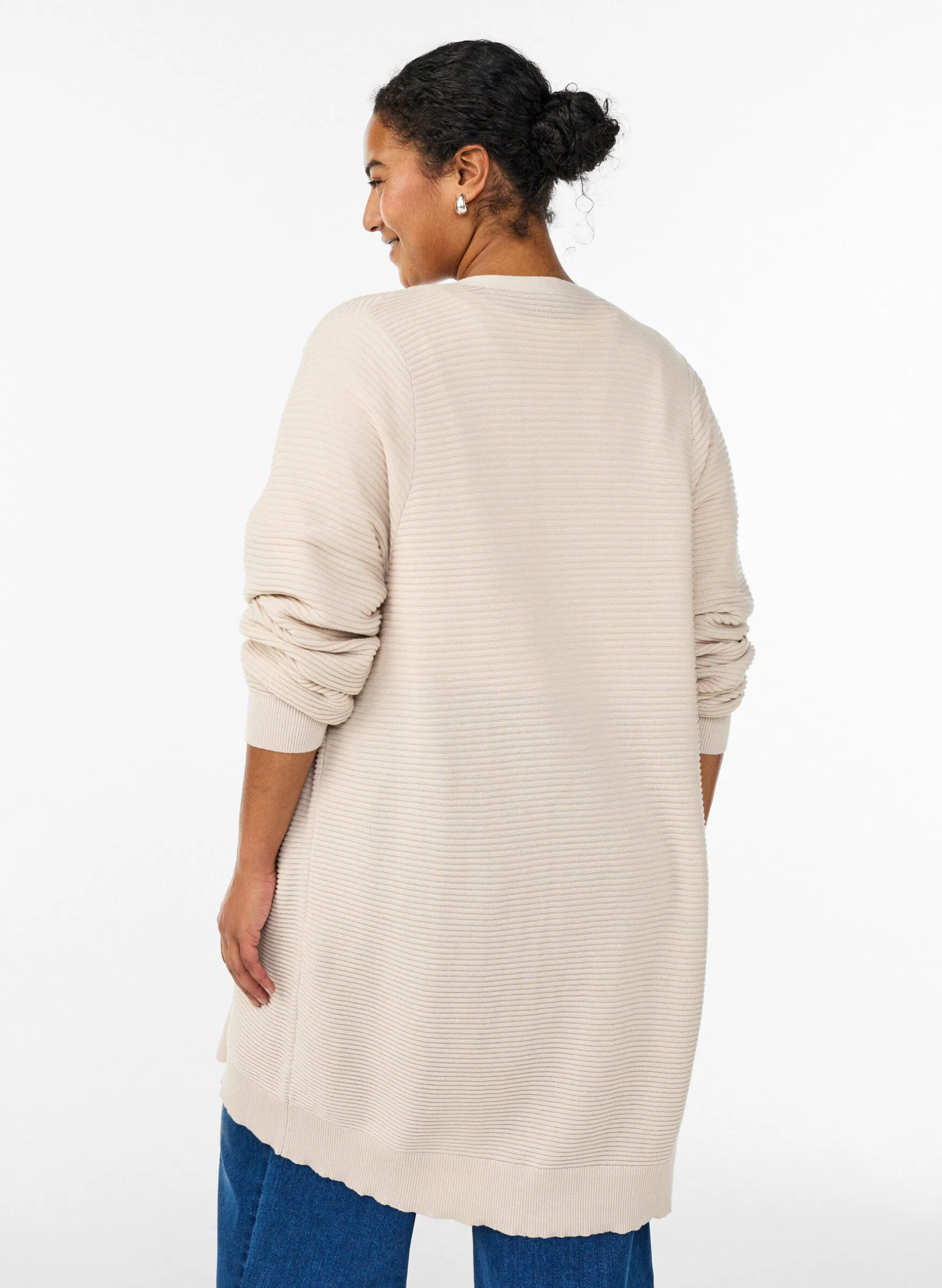 Lange, gerippte Baumwoll-Strickjacke