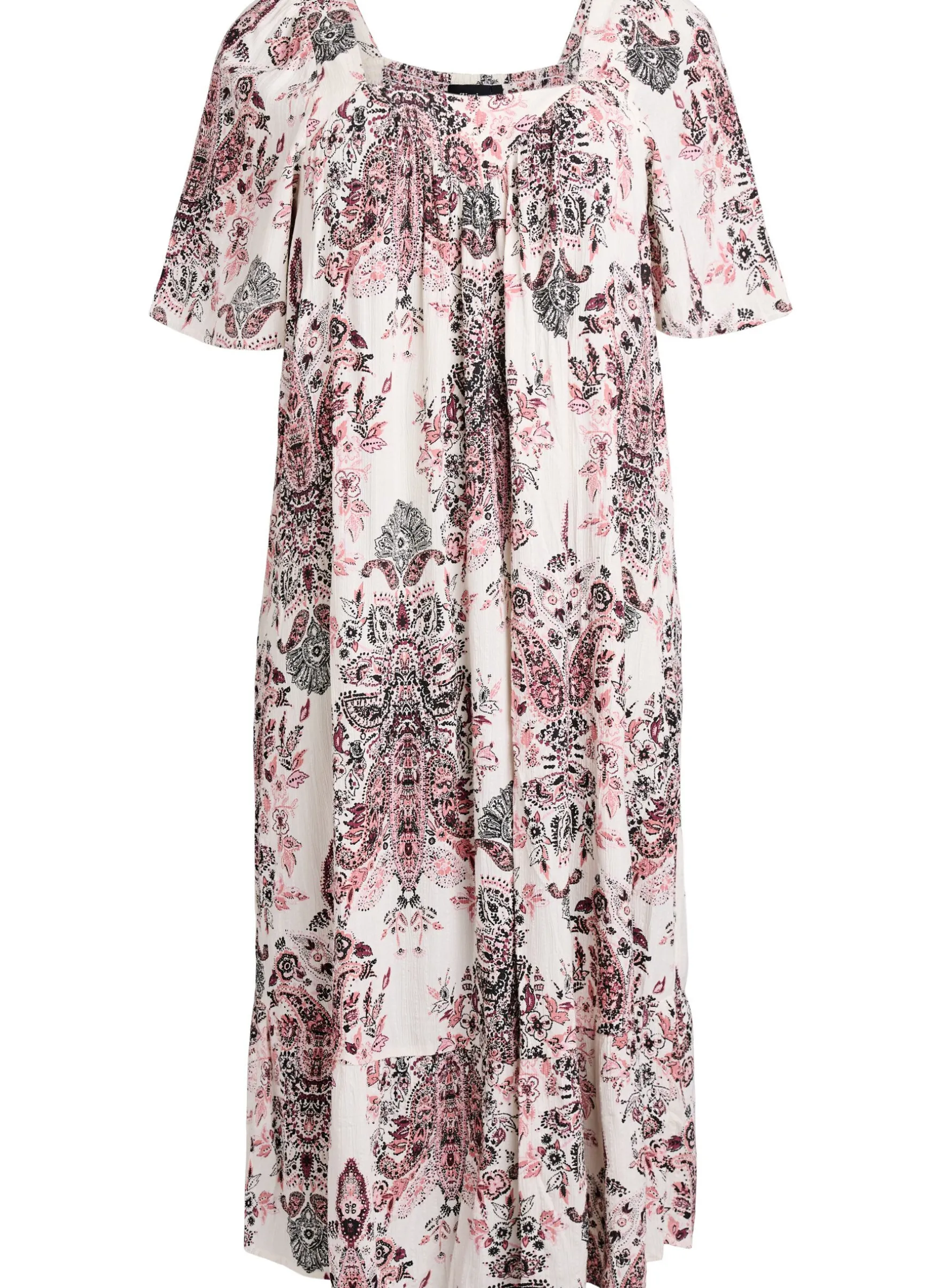 Langes Kleid mit eckigem Ausschnitt und floralen Mustern