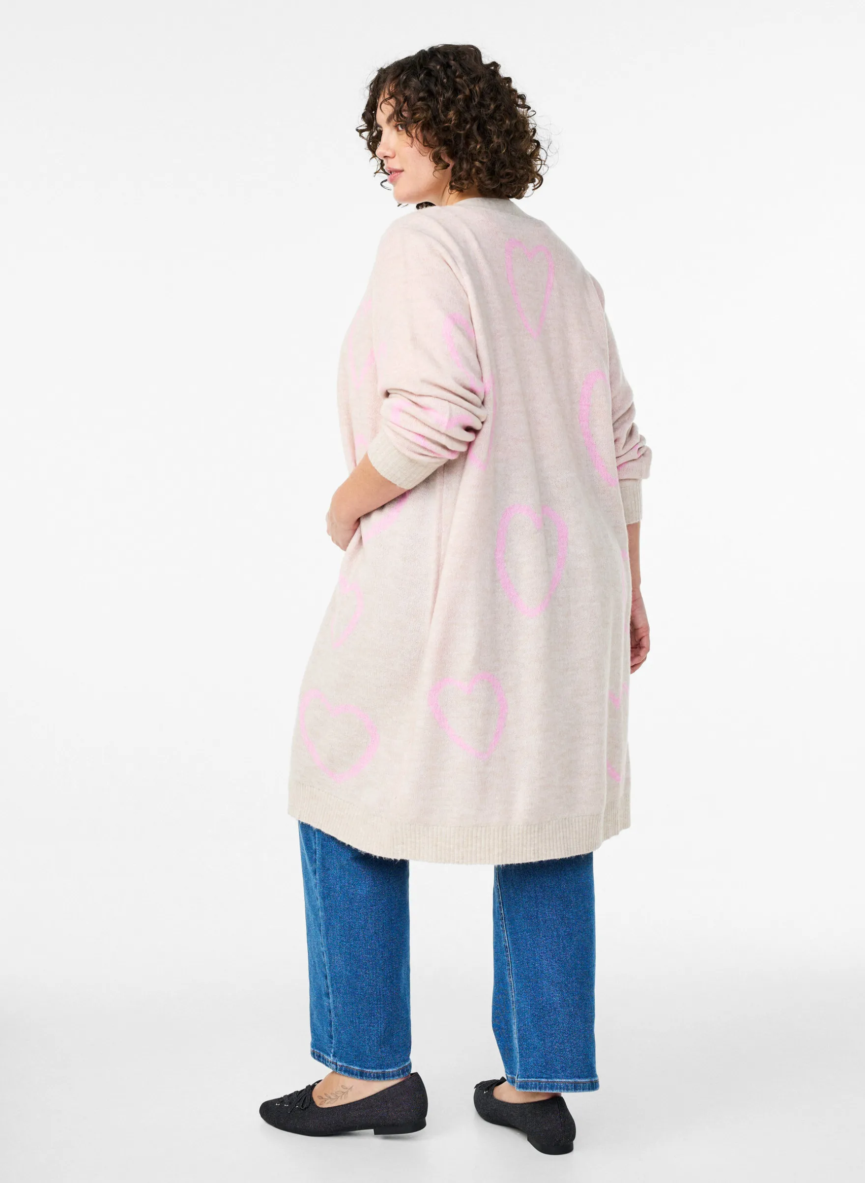 Lange Strickjacke mit Ton-in-Ton-Herzen