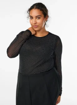 Meshbluse mit Strasssteinen und langen Ärmeln
