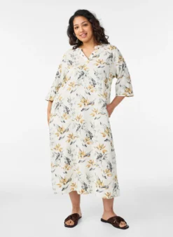 Midikleid aus Leinen und Viskose mit 1/2-Ärmeln