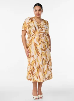 Midikleid aus Viskose mit Blattmuster und gesmokter Taille