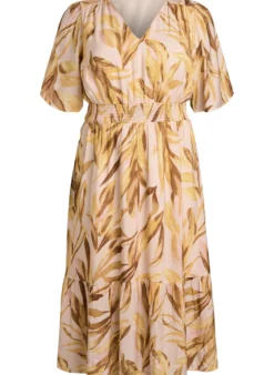 Midikleid aus Viskose mit Blattmuster und gesmokter Taille