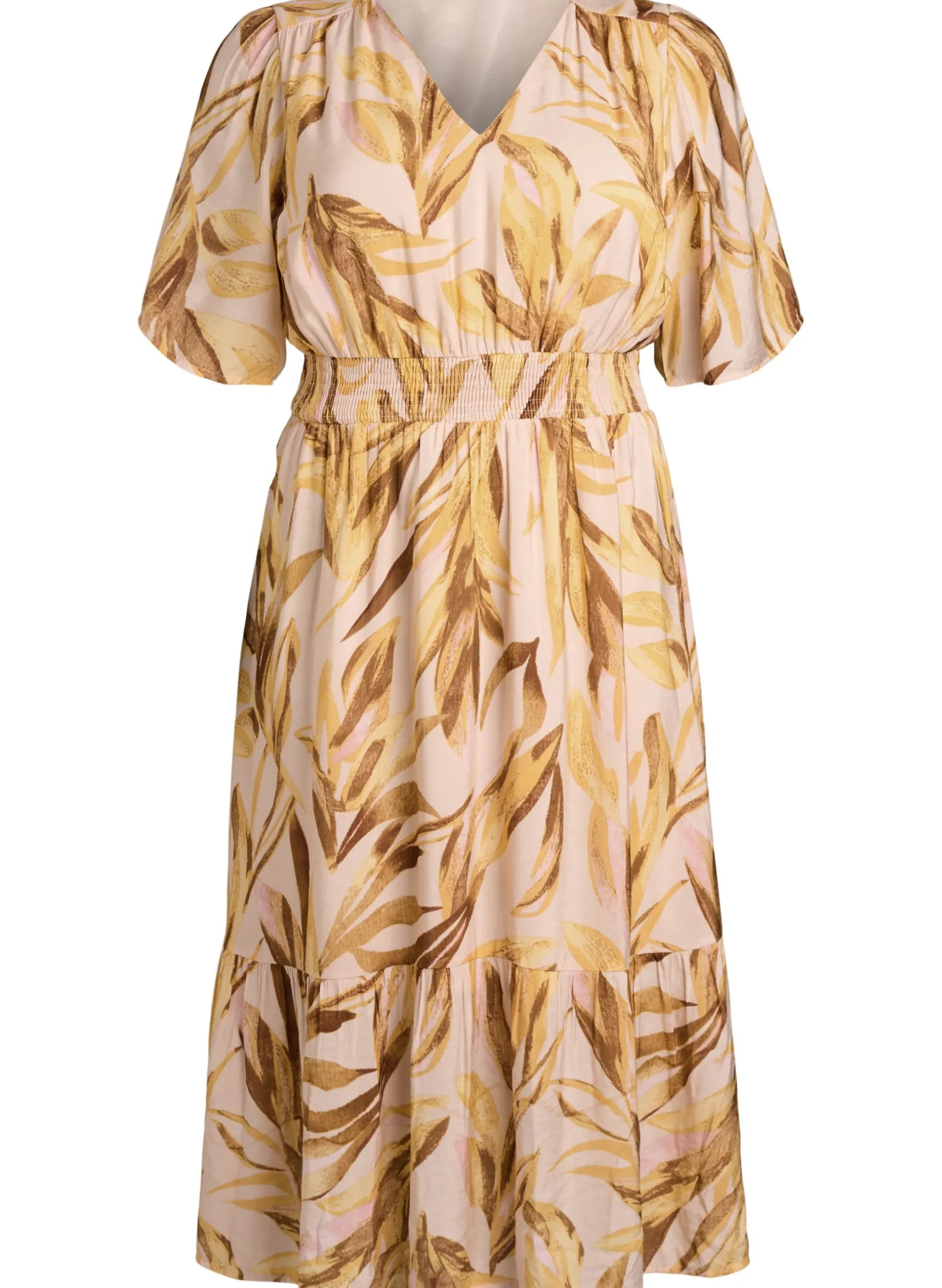 Midikleid aus Viskose mit Blattmuster und gesmokter Taille
