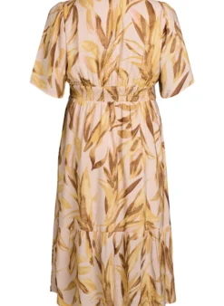 Midikleid aus Viskose mit Blattmuster und gesmokter Taille