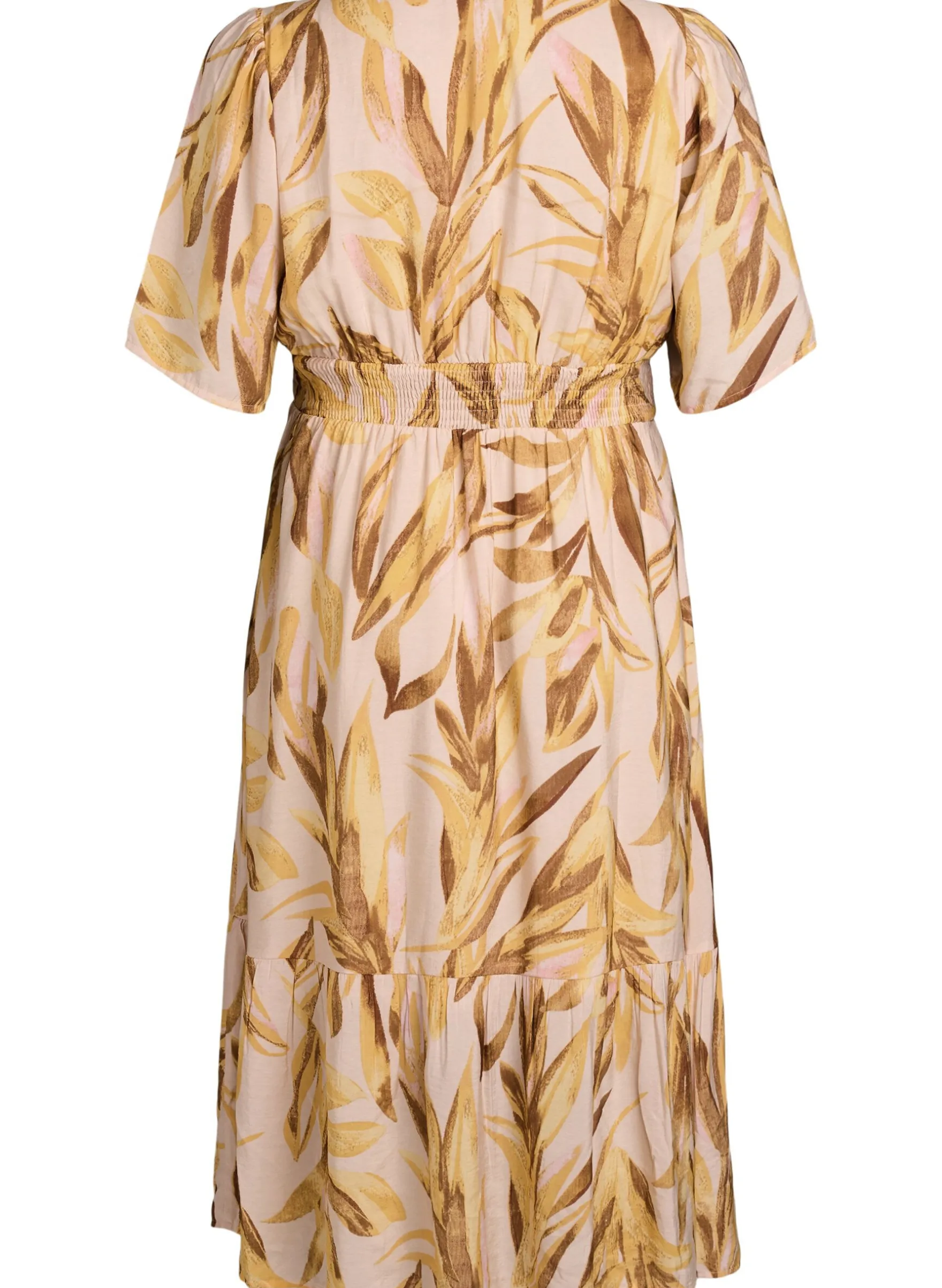 Midikleid aus Viskose mit Blattmuster und gesmokter Taille