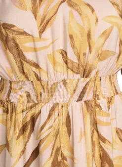 Midikleid aus Viskose mit Blattmuster und gesmokter Taille