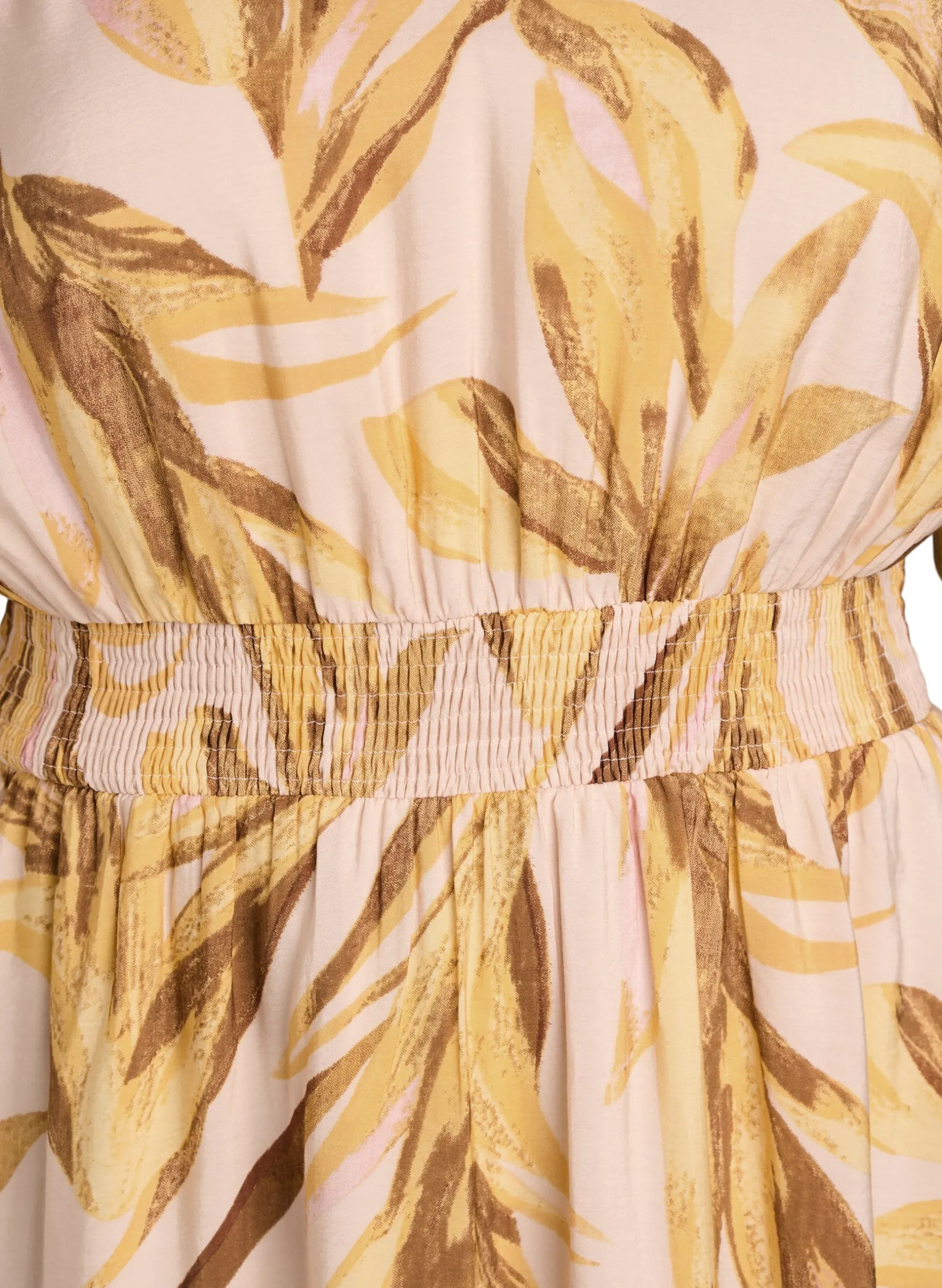 Midikleid aus Viskose mit Blattmuster und gesmokter Taille