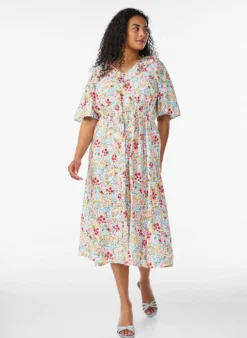 Midikleid aus Viskose mit geblümtem Muster und Rüschenkragen
