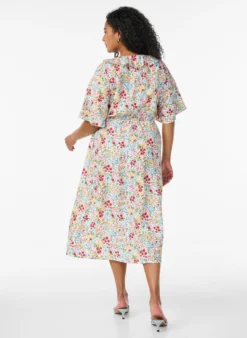 Midikleid aus Viskose mit geblümtem Muster und Rüschenkragen