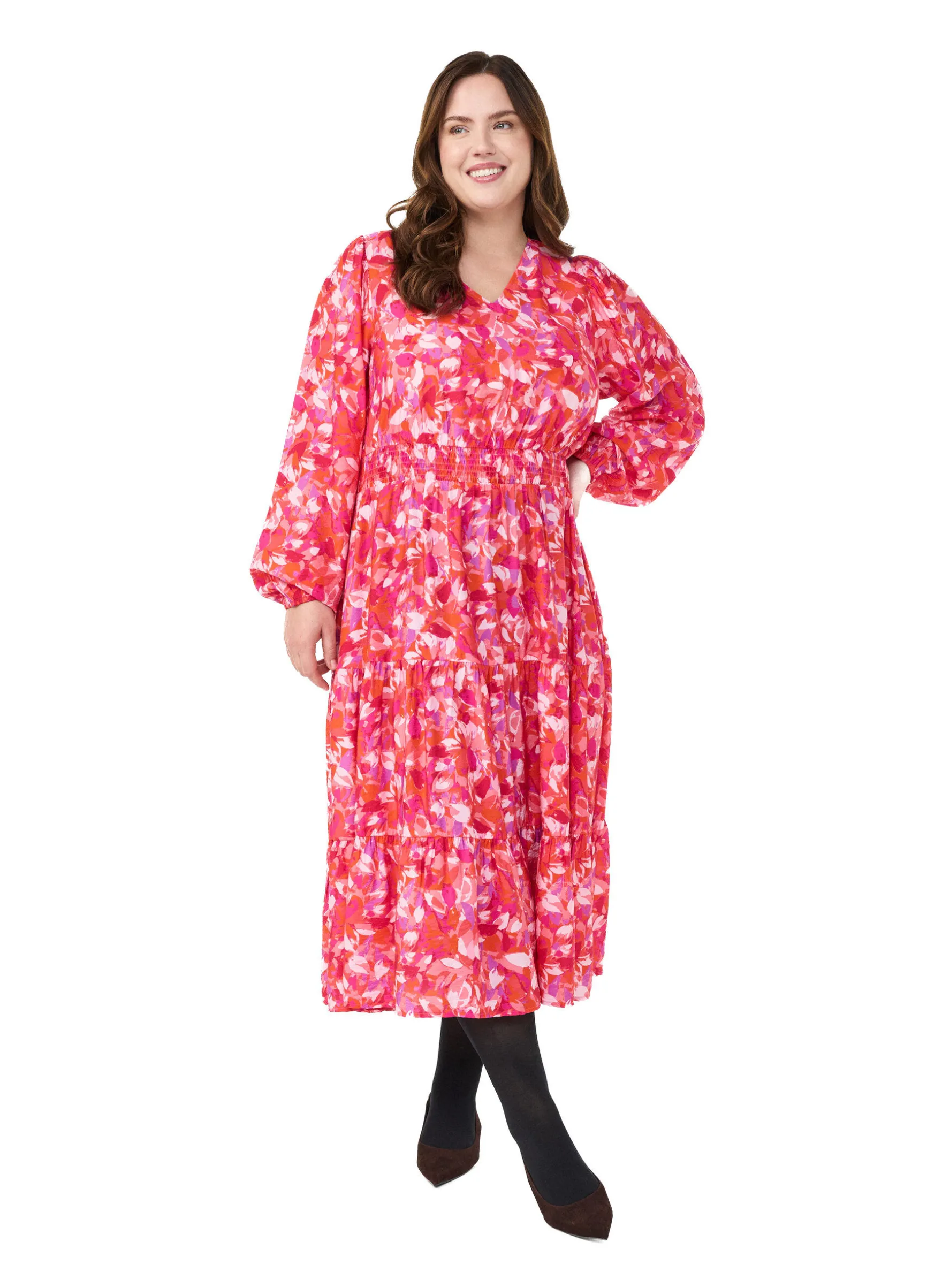 Midikleid mit buntem Blättermuster