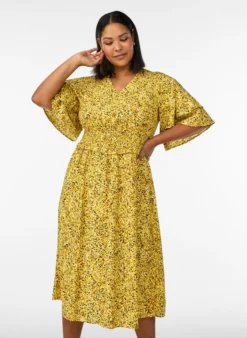 Midikleid mit Smock und Rüschenärmeln