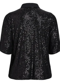 Paillettenbluse mit Polokragen und kurzen Ärmeln