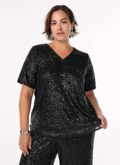 Paillettenbluse mit V-Ausschnitt und kurzen Ärmeln