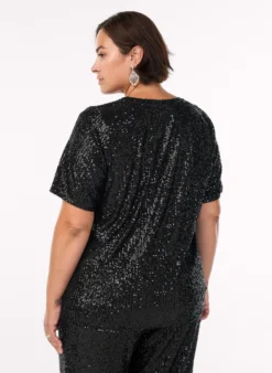 Paillettenbluse mit V-Ausschnitt und kurzen Ärmeln
