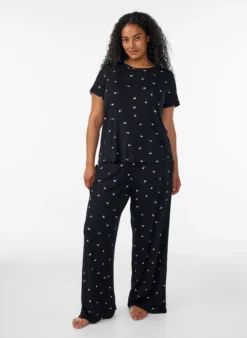 Pyjamahose mit Rippstruktur und geblümtem Print