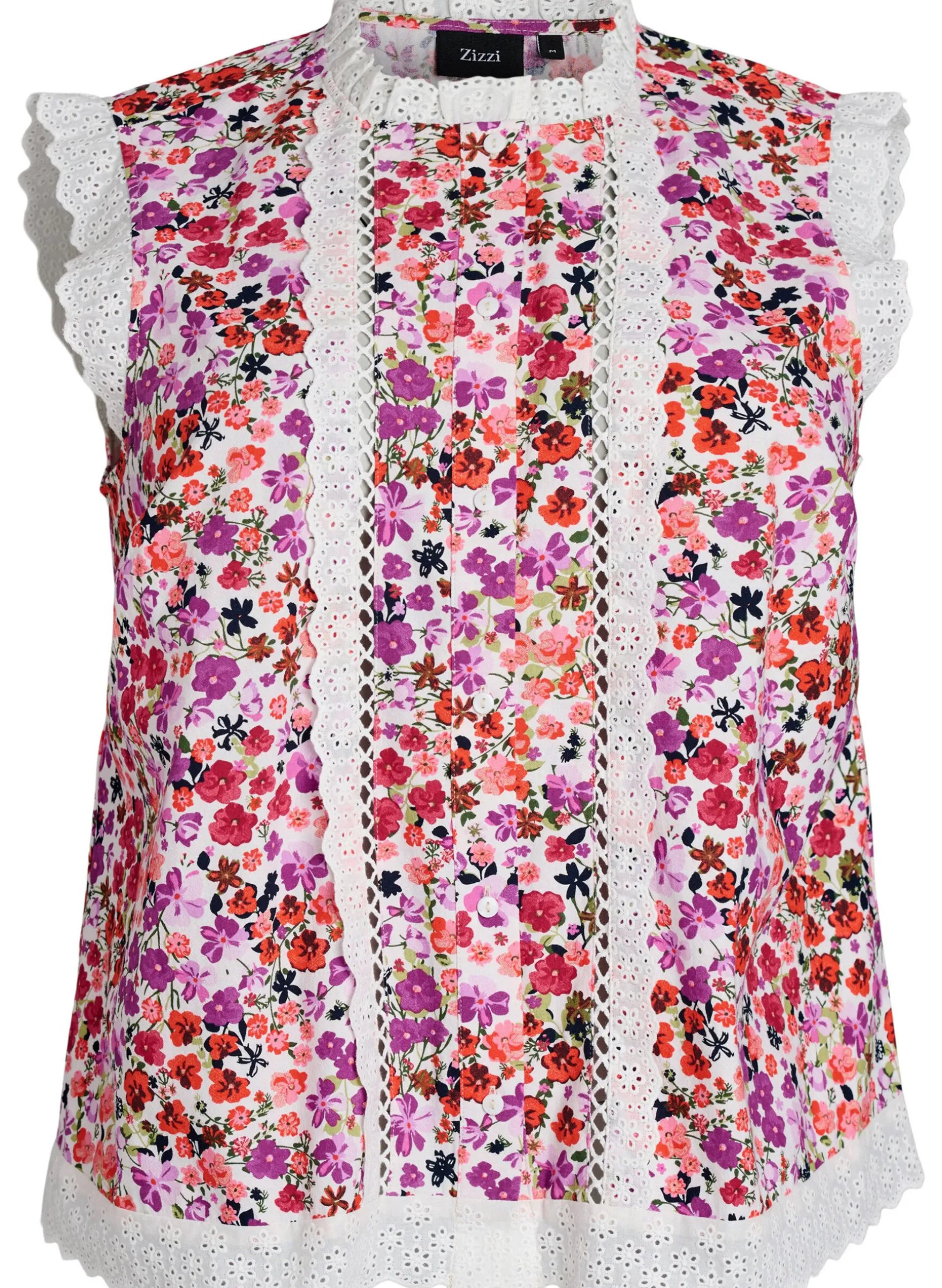 Ärmellose Bluse aus Baumwolle mit Blumenprint und Broderie Anglaise