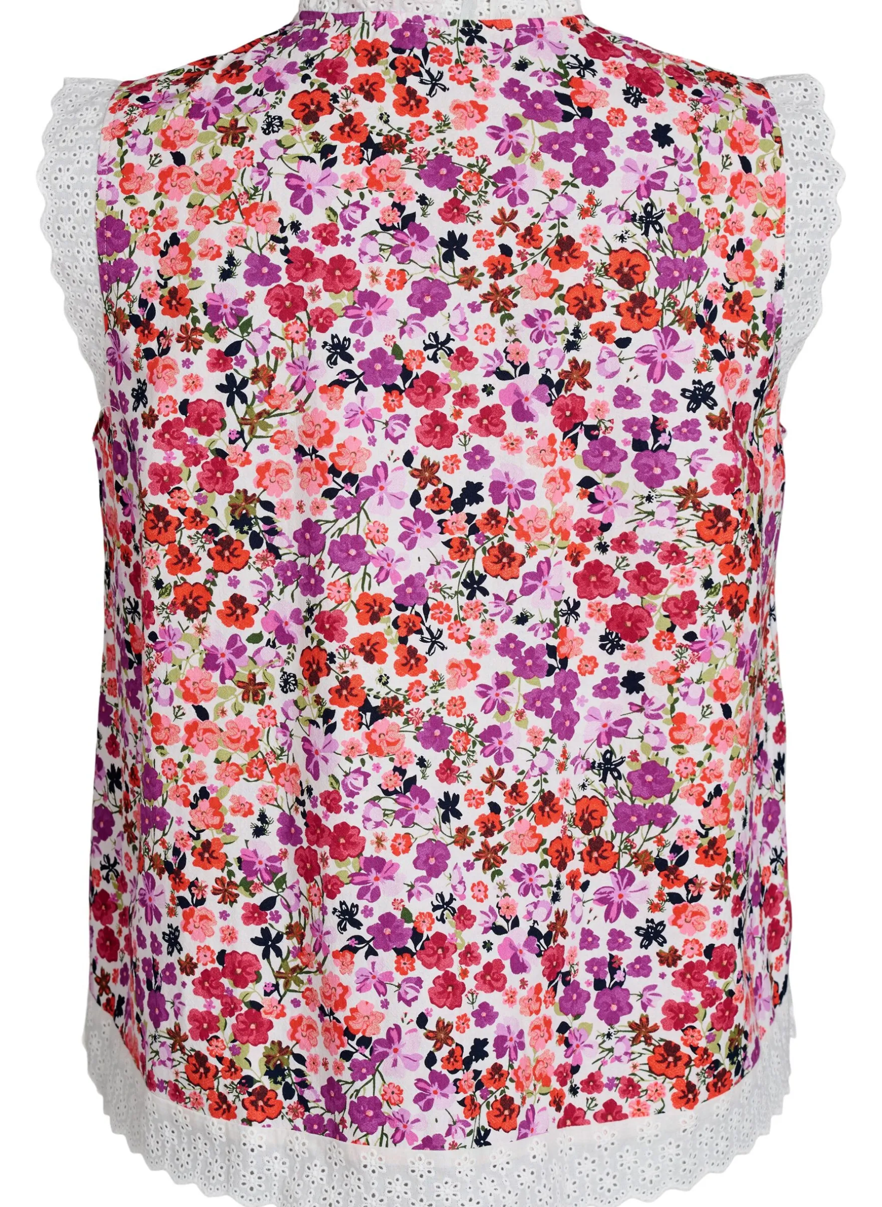 Ärmellose Bluse aus Baumwolle mit Blumenprint und Broderie Anglaise