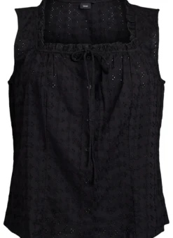 Ärmellose Bluse mit Lochstickerei und Rüschen