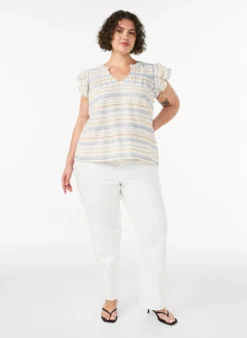 Ärmellose Bluse mit Rüschen und gemusterten Streifen