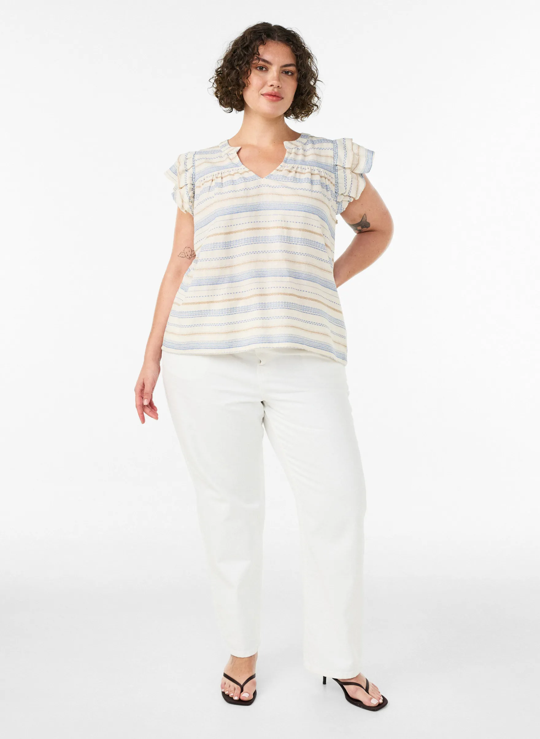 Ärmellose Bluse mit Rüschen und gemusterten Streifen