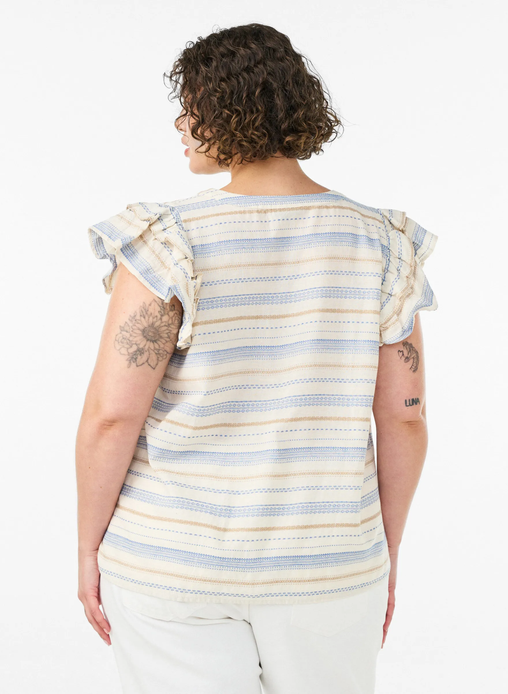 Ärmellose Bluse mit Rüschen und gemusterten Streifen