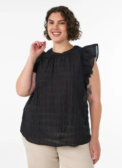 Ärmellose Bluse mit Struktur und Rüschen