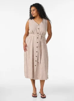 Ärmelloses gestreiftes Midikleid aus Leinen und Viskose