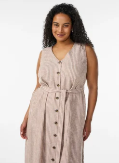 Ärmelloses gestreiftes Midikleid aus Leinen und Viskose