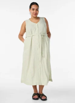 Ärmelloses gestreiftes Midikleid aus Leinen und Viskose