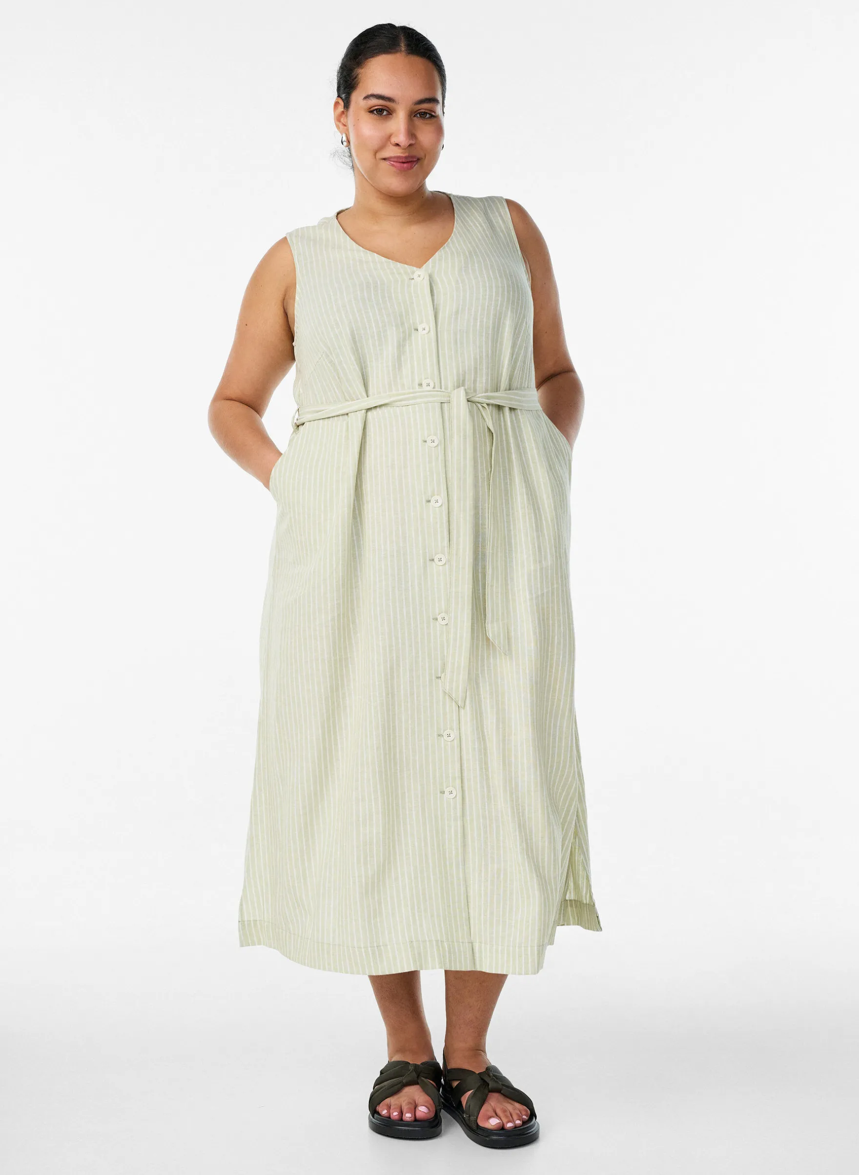 Ärmelloses gestreiftes Midikleid aus Leinen und Viskose