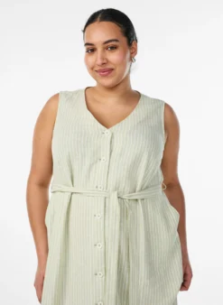 Ärmelloses gestreiftes Midikleid aus Leinen und Viskose