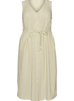 Ärmelloses gestreiftes Midikleid aus Leinen und Viskose