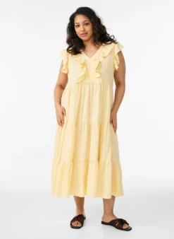 Ärmelloses Midikleid aus Leinen und Viskose mit Rüschen