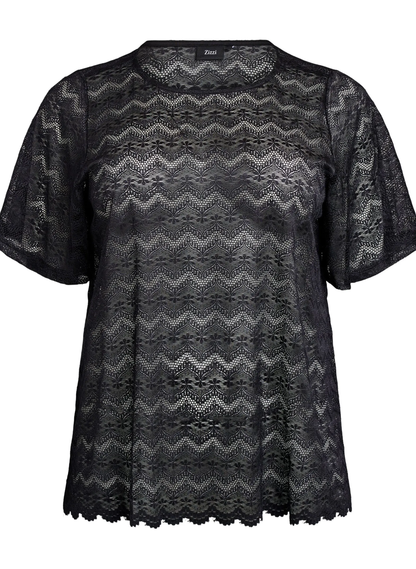 Spitzenbluse mit kurzen Ärmeln und wellenförmigem Saum