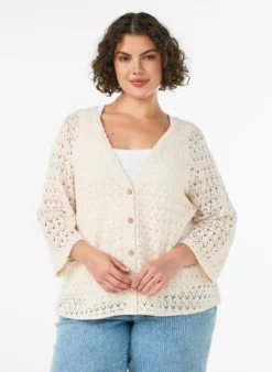 Strickjacke mit Lochstickerei und V-Ausschnitt