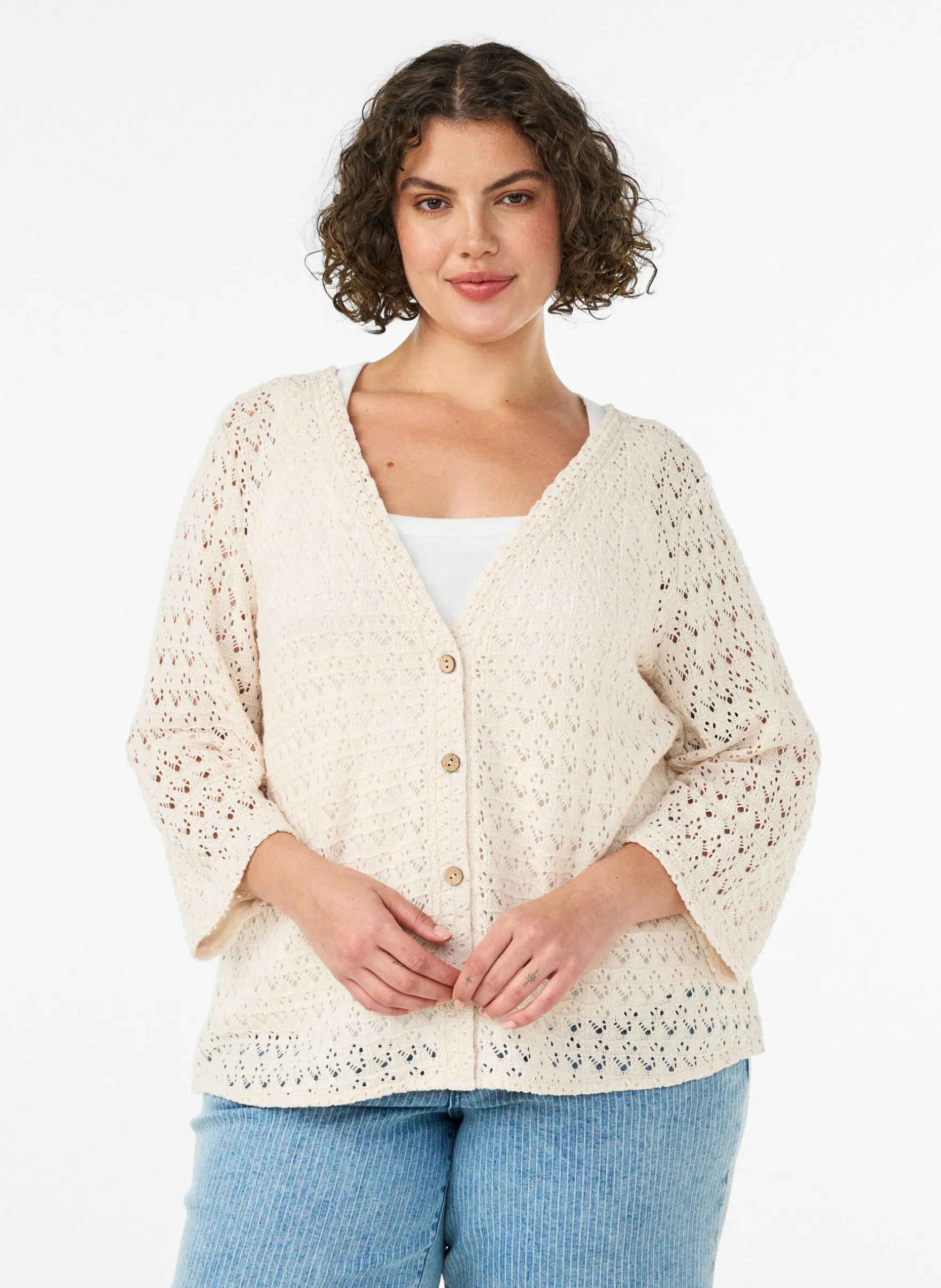 Strickjacke mit Lochstickerei und V-Ausschnitt