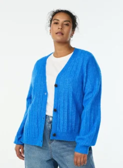 Strickjacke mit Rippstruktur und Ballonärmeln
