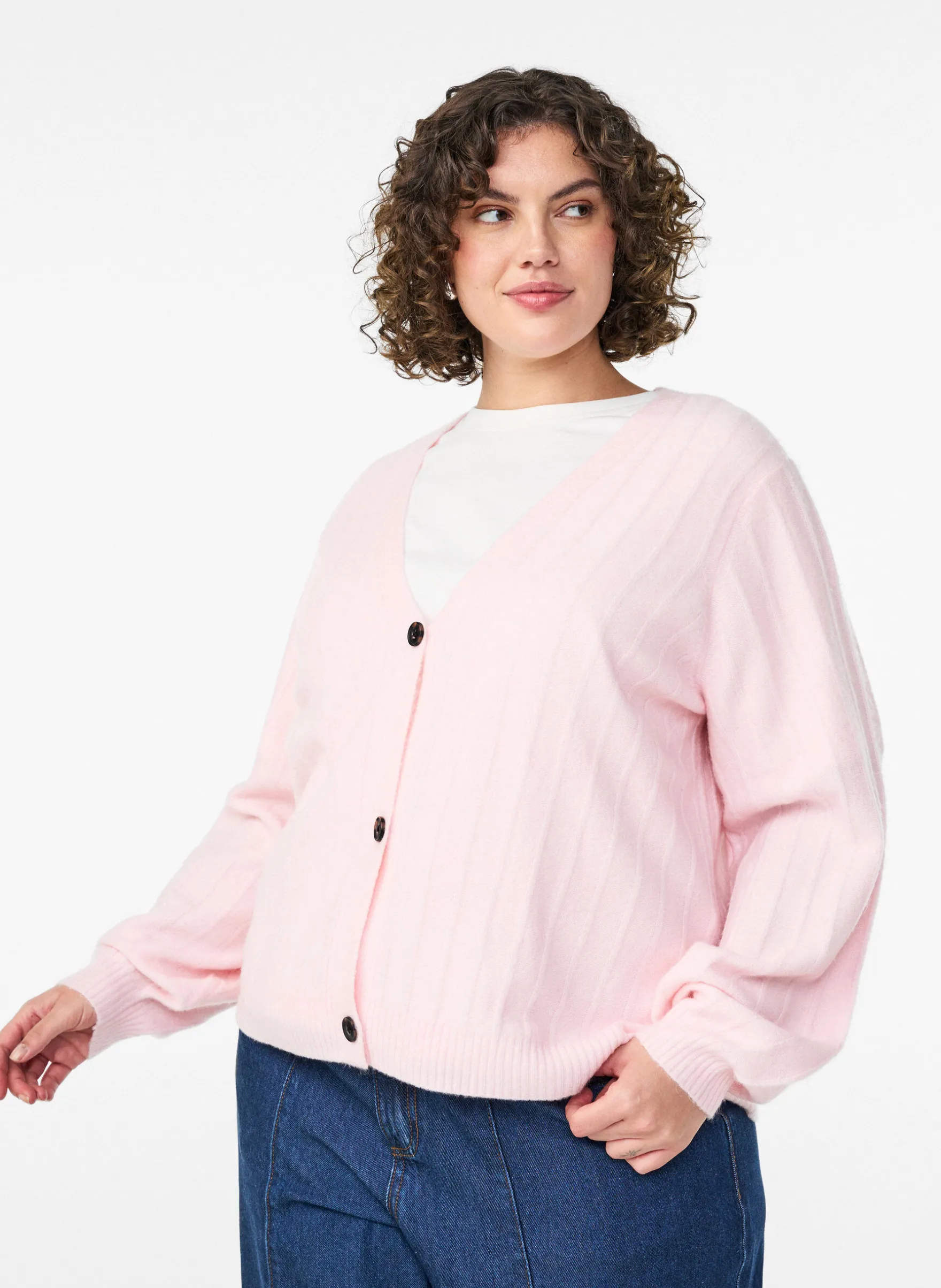 Strickjacke mit Rippstruktur und Ballonärmeln